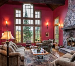 room, red, fireplace, sofas, lamps, large windows