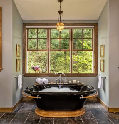 bathroom, tub, forest, lights